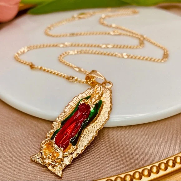 Our Lady Of Guadalupe 3D Enamel Pendant Curb Diamond Cut Design Necklace Gold - Picture 5 of 10
